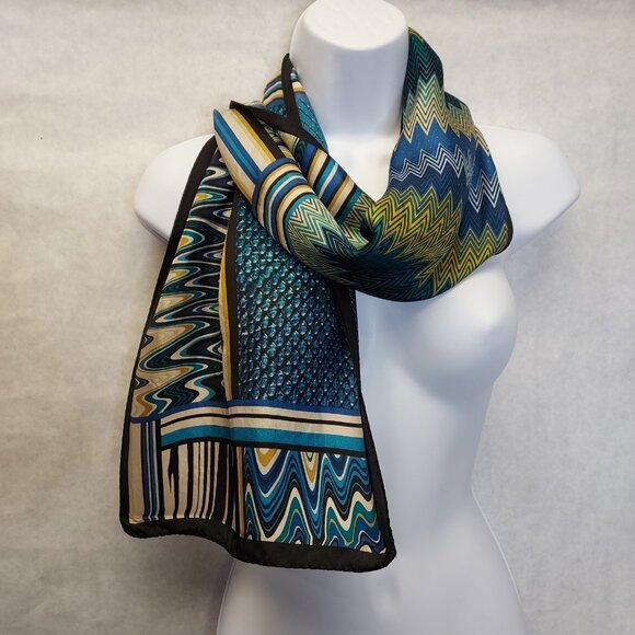 Adrienne Landau Scarf 100% Silk Geometric Brown White Aqua Blue Cravat 52" x 11" - Picture 2 of 14